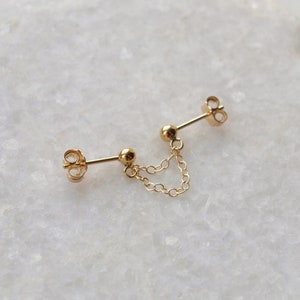 Gold Filled Double Piercing Earring - Gold Double Stud Earring - Connected Chain Earrings - Double Lobe Piercing - Double Chain Drop Studs