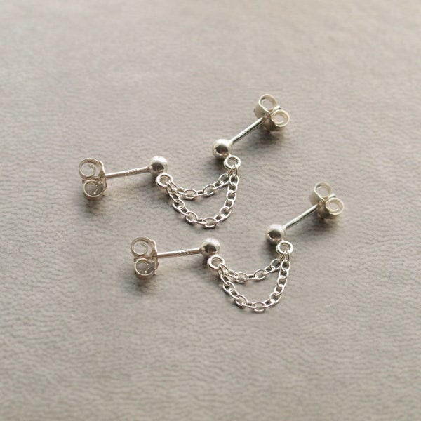 Double Piercing Chain Earrings Connector Pair, Sterling Silver Connected Stud Earrings Set