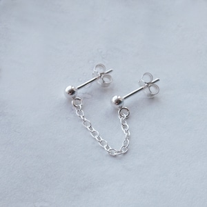 Double Piercing Earring - Two Stud Chain Earring - Sterling Silver Double Chain Studs - Connected Earrings - Dainty Minimalist Drop Studs