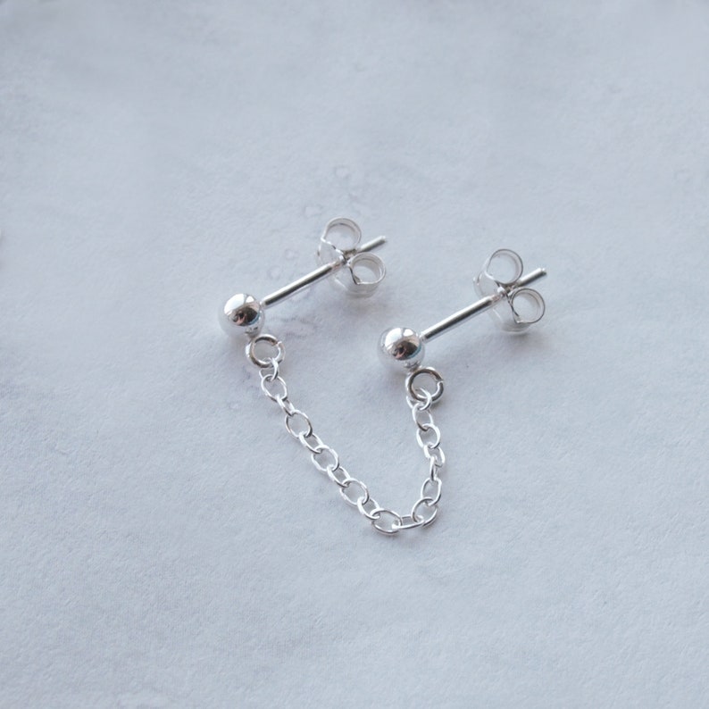 Double Piercing Earring Two Stud Chain Earring Sterling Etsy