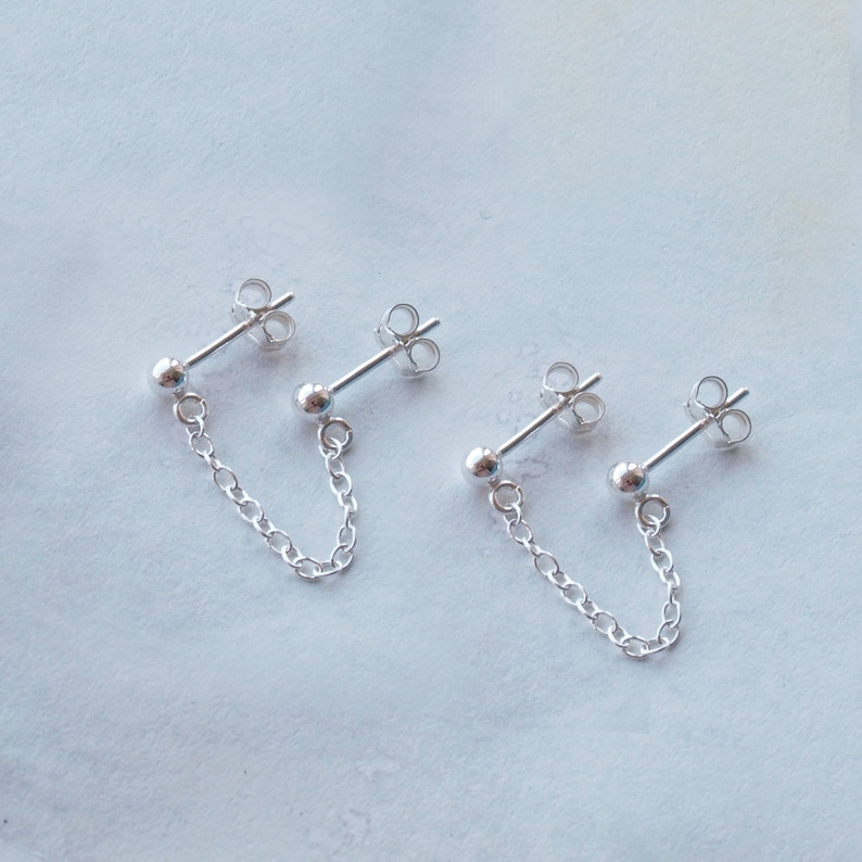 Double Piercing Earring Two Stud Chain Earring Sterling Etsy