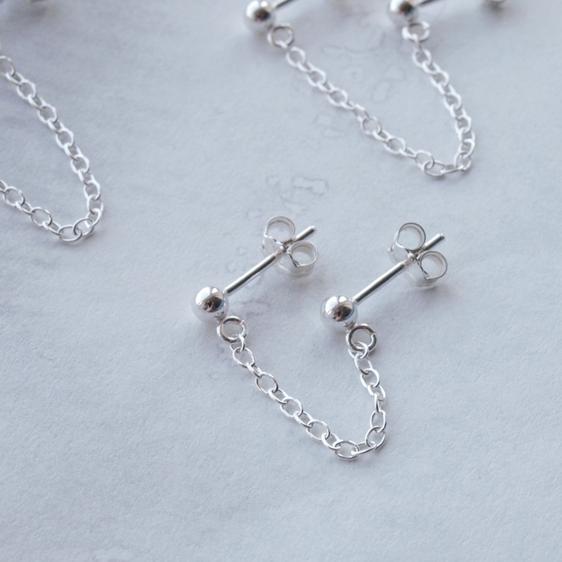 Double Piercing Earring Two Stud Chain Earring Sterling Etsy