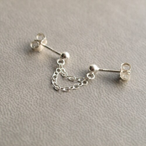 Double Piercing Earring Two Stud Chain Earring Sterling Etsy