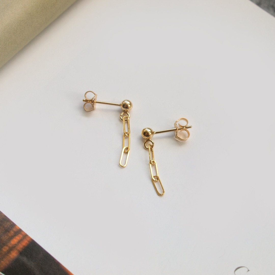 Gold Filled Paperclip Chain Earrings, Dainty Drop Ball Studs, Tiny Paper Clip Chain Link