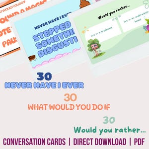 子供向け3in1会話カードセット – 「もし～だったらどうする？」「むしろ～したい？」「今までしたことがない」 – 印刷可能なプロンプト90枚