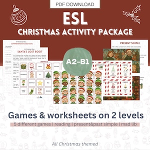 Op de afbeelding: Een kerst-ESL-activiteitenpakket met werkbladen en spelletjes. Het pakket bevat vragen over het begrip, oefeningen voor de tegenwoordige tijd en diverse spelletjes. Het ontwerp toont illustraties van kerstmannen, elfen en kerstversieringen. Tekst bevat "ESL Christmas Activity Package".