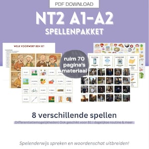 Op de afbeelding: Een digitale download genaamd "NT2 A1-A2 SPELLENPAKKET" met diverse educatieve spelkaarten. De afbeelding bevat illustraties en tekst in het Nederlands, met de zin "ruim 70 pagina's materiaal" en de tekst "8 verschillende spellen".