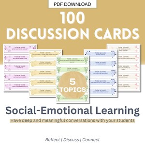 Op de afbeelding: Een verzameling van 100 discussiekaarten voor sociaal-emotioneel leren. De kaarten tonen de tekst "Think & Share" en discussievragen. Het ontwerp bevat bloemen- en vraagtekenafbeeldingen, met "5 Topics" op een cirkelvormig element.