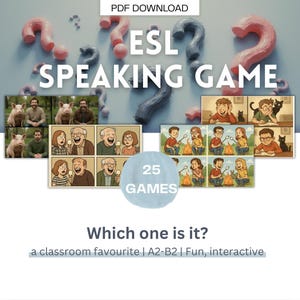 Op de afbeelding: Een educatieve bron met de tekst "ESL SPEAKING GAME" en "Which one is it?" bevat illustraties van mensen en dieren. De afbeelding bevat de tekst "PDF DOWNLOAD" en "25 GAMES". De tekst "a classroom favourite | A2-B2 | Fun, interactive" is ook aanwezig.