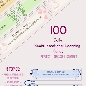 子どものための100の思慮深い授業の質問 – 週ごとのプロンプト付きSELリフレクションカード – 印刷可能なPDF