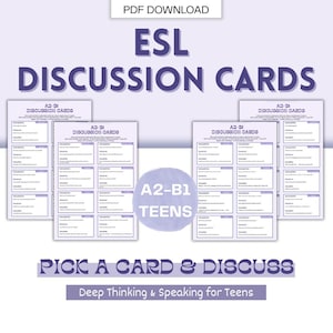 Könnte beinhalten: Werbebild für ESL-Diskussionskarten für A2-B1-Teenager. Der Text "PDF DOWNLOAD", "ESL DISCUSSION CARDS", "PICK A CARD & DISCUSS" und "Deep Thinking & Speaking for Teens" ist enthalten. Die Karten werden angezeigt.