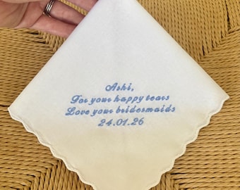 Personalized Embroidered Wedding Handkerchief: Something Blue, Custom Keepsake For Bride, Groom or Parents