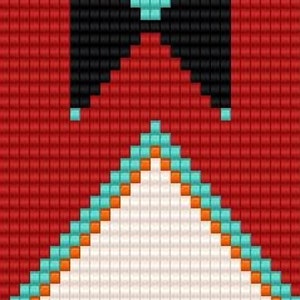 May include: A beaded pattern with a geometric design featuring black, white, orange, red, and turquoise colours.