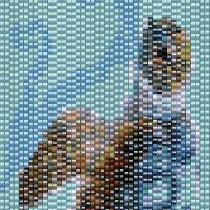May include: A pixelated image of a sea turtle swimming underwater. The turtle is rendered in shades of brown, blue, and white, with a light blue background. The turtle's flippers are extended, and it appears to be moving forward.