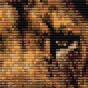 Op de afbeelding: Een close-up van een mozaïekbeeld van een gezicht. De afbeelding is gemaakt van kleine, vierkante tegels in tinten bruin, oranje en zwart. De ogen, neus en mond van de persoon zijn zichtbaar.