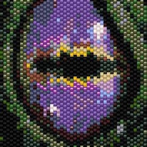 May include: A close-up of a purple and yellow eye with a green background. The eye is surrounded by a dark green and black pattern.