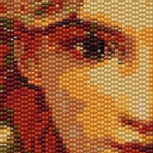 May include: A close-up of a beaded mosaic artwork featuring a swirling pattern of orange, red, and brown beads. The beads are arranged in a grid pattern, creating a textured effect.