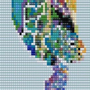 May include: A colorful mosaic butterfly with blue, green, purple, yellow, and red accents. The butterfly is in a flying position with its wings spread out.