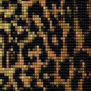 May include: A black and brown patterned fabric with a geometric design. The fabric is made up of small squares in different shades of brown, black, and gold.
