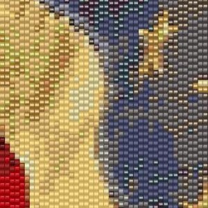 May include: A close-up of a beaded tapestry featuring a red, white, and blue design. The design is reminiscent of a national flag with stars and stripes. The tapestry is made of small, colorful beads.