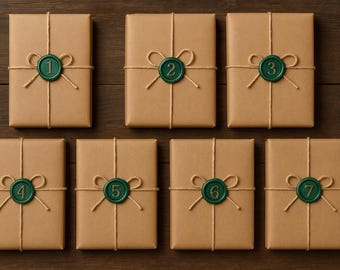 May include: Seven rectangular gifts wrapped in brown paper, tied with twine, and sealed with green wax stamps numbered 1 through 7. The gifts are arranged on a dark brown wooden surface.