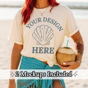 Maqueta de camiseta Ivory Beach Comfort Colors 1717, maqueta de vacaciones de verano, maqueta de camiseta beige claro de gran tamaño para mujer, descarga digital