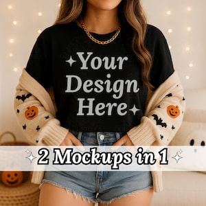 Black Comfort Colors Mockup, Spooky Fall Halloween Retro Aesthetic Mock-up, Model Mockup, 1717 Halloween Mockup, Oversized Digital Mockup