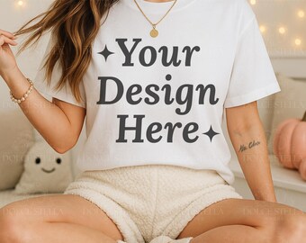 Weiß Comfort Colors 1717 T-Shirt Mockup, Halloween Herbst Mockup (Digitaler Download)