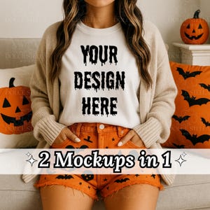 Komfortfarben Halloween-Mockup, übergroßes T-Shirt-Modell, ästhetisches Mockup-Shirt, trendige Shirt-Mockups, gruseliger Herbst Halloween, Boho-Shirt-Mockups
