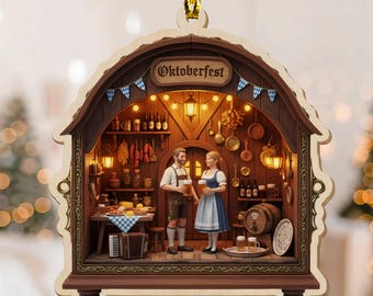 May include: Wooden ornament depicting an Oktoberfest scene. The ornament features a detailed interior with a couple holding beer steins, surrounded by food, drinks, and decor. The word "Oktoberfest" is displayed at the top.