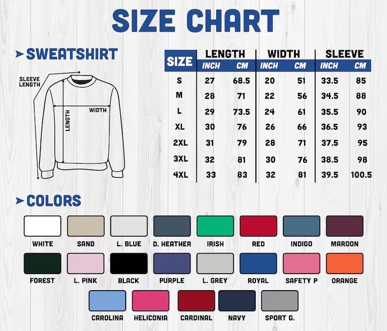 Op de afbeelding: Maattabel voor sweatshirts, met afmetingen in inches en centimeters. Maten vari&euml;ren van S tot 4XL, met lengte, breedte en mouwlengte. Een kleurenpalet toont opties zoals wit, zwart en rood.