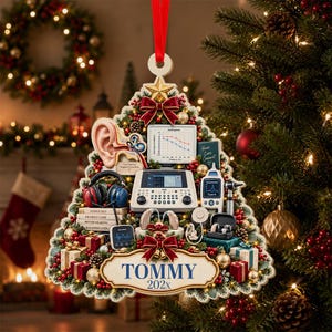 May include: A Christmas tree-shaped ornament featuring an anatomical ear, an audiogram chart, an audiometer, headphones, hearing aids, and medical tools. The ornament is decorated with red bows, pinecones, and gifts, with the name TOMMY 202x printed below.