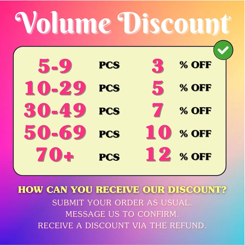Puede incluir: Un gr&aacute;fico rectangular con fondo degradado que muestra una tabla de descuentos por volumen. El texto dice: Volume Discount, 5-9 PCS 3% OFF, 10-29 PCS 5% OFF, 30-49 PCS 7% OFF, 50-69 PCS 10% OFF, 70+ PCS 12% OFF. Incluye instrucciones para el descuento.