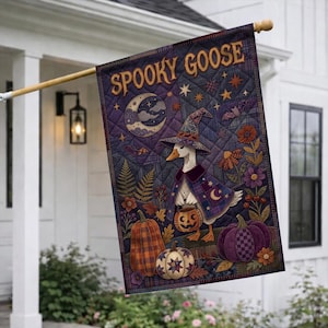 May include: A rectangular garden flag featuring the text SPOOKY GOOSE at the top. The design shows a white goose wearing a witch hat and purple cape, holding a jack-o'-lantern bucket. The background includes a crescent moon, stars, bats, pumpkins, and flowers in a quilted pattern with shades of purple, orange, and dark blue.
