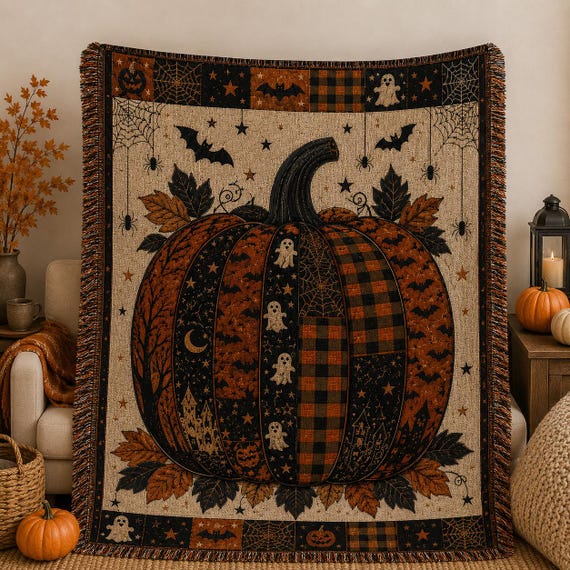 Halloween Pumpkin Woven Blanket, Vintage Patchwork Pumpkin Throw, Ghost Bat Plaid Fall Halloween Home Decor Blanket BRD-DG113
