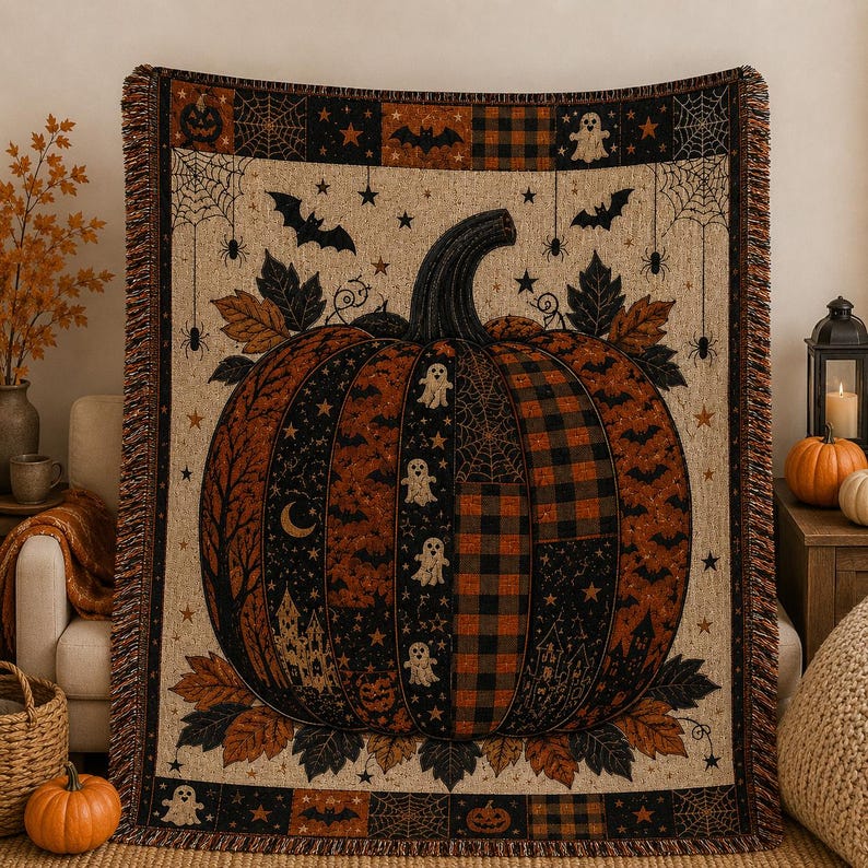 May include: A woven throw blanket featuring a large central pumpkin design in orange and black. The pumpkin is decorated with ghosts, bats, stars, and plaid patterns. The border includes spiderwebs, jack-o'-lanterns, and autumn leaves.