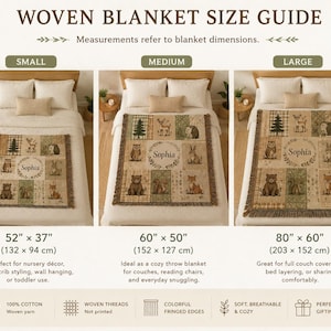 May include: A woven blanket size guide showing three options: small at 52" x 37", medium at 60" x 50", and large at 80" x 60". Each blanket features a grid of woodland animals, trees, and the name Sophia in a central wreath with fringed edges.