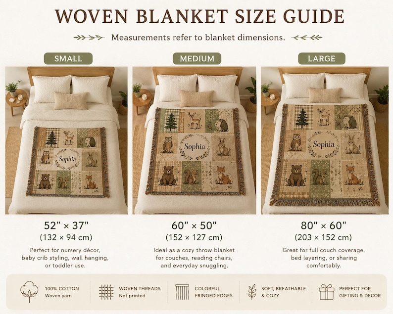 May include: A woven blanket size guide showing three options: small at 52" x 37", medium at 60" x 50", and large at 80" x 60". Each blanket features a grid of woodland animals, trees, and the name Sophia in a central wreath with fringed edges.