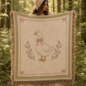 Vintage Goose Woven Blanket, Cottagecore Nursery Decor, Farmhouse Baby Blanket, Coquette Goose Throw, Rustic Nursery Gift B1F155