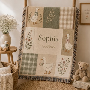 Personalized Goose Woven Blanket, Custom Baby Name Blanket, Farmhouse Nursery Throw, Rustic Kids Room Decor B1F156