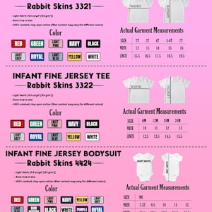 Op de afbeelding: Een productcatalogus voor fijne jersey T-shirts en rompertjes voor peuters en baby's. De afbeelding toont maattabellen en kleuropties, waaronder rood, groen, roze, marineblauw, zwart en meer. De afmetingen zijn in inches.
