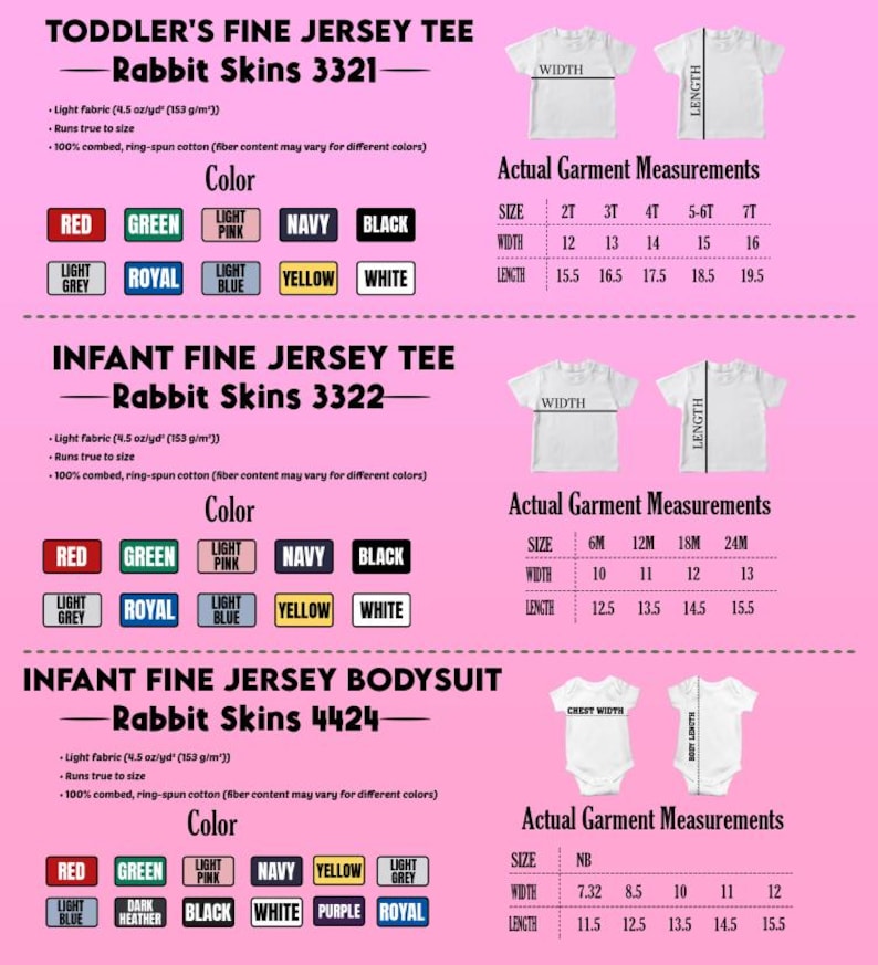 Op de afbeelding: Een productcatalogus voor fijne jersey T-shirts en rompertjes voor peuters en baby's. De afbeelding toont maattabellen en kleuropties, waaronder rood, groen, roze, marineblauw, zwart en meer. De afmetingen zijn in inches.