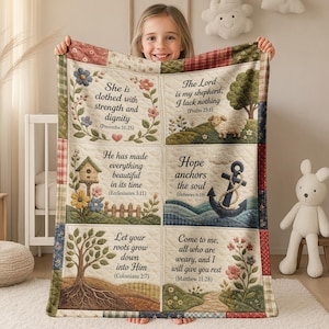 May include: A quilted throw blanket featuring six rectangular panels with floral borders and religious text. The panels include illustrations of a sheep, a birdhouse, an anchor, and a tree, with verses from Proverbs, Psalms, Ecclesiastes, Hebrews, Colossians, and Matthew.