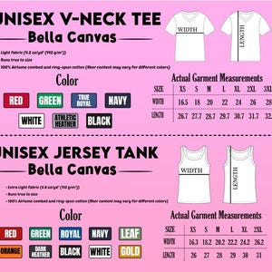 Op de afbeelding: Een productinformatieblad voor Bella Canvas unisex T-shirts en tanktops. Het blad bevat kleuropties, stofdetails en kledingmaten in centimeters voor de maten XS tot 3XL voor de V-hals tee en XS tot 2XL voor de jerseytank.