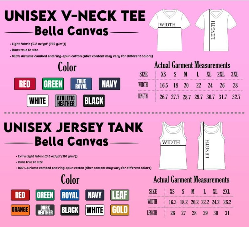 Op de afbeelding: Een productinformatieblad voor Bella Canvas unisex T-shirts en tanktops. Het blad bevat kleuropties, stofdetails en kledingmaten in centimeters voor de maten XS tot 3XL voor de V-hals tee en XS tot 2XL voor de jerseytank.