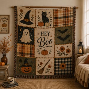 May include: A woven throw blanket featuring a grid of Halloween-themed illustrations including a witch hat, a black cat, a ghost, bats, pumpkins, a broom, and flowers. The center panel displays the text HEY Boo in black lettering.