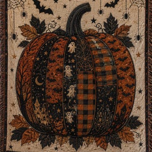 May include: A woven throw blanket featuring a large central pumpkin with segments displaying various patterns including ghosts, plaid, bats, and haunted houses. The border includes small squares with pumpkins, spiderwebs, and bats on a cream background.