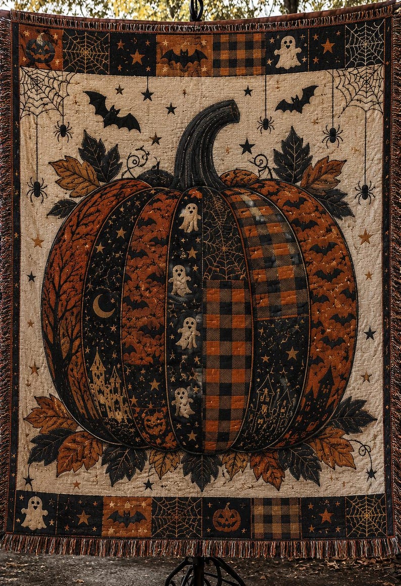 May include: A woven throw blanket featuring a large central pumpkin with segments displaying various patterns including ghosts, plaid, bats, and haunted houses. The border includes small squares with pumpkins, spiderwebs, and bats on a cream background.