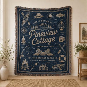 Personalized Lake House Woven Blanket Custom Family Cottage Blanket Lake Cabin Blanket Camping Gift Throw BRD-IG113