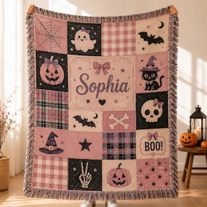 Personalized Pink Coquette Halloween Woven Blanket Cute Ghost Black Cat Patchwork Throw JRD-OOD02